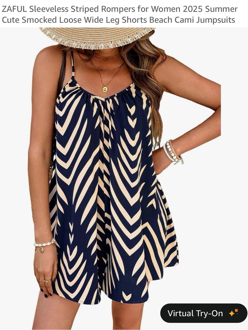 Zaful Navy & Cream Striped Smocked Beach Cami Romper